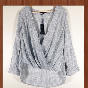 NWT, Rachel by Rachel Roy L, striped faux wrap long sleeve shirt. Blue/white